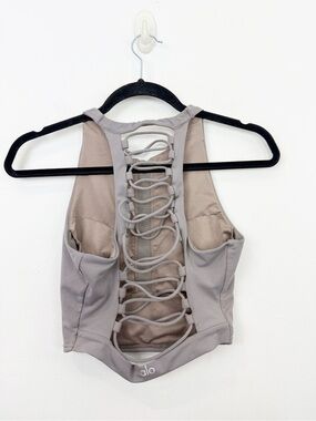 Alo Yoga Movement High Neck Lace Up Taupe Crop Tank Size Small